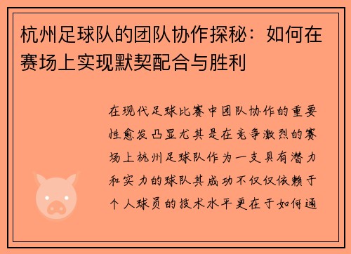 杭州足球队的团队协作探秘：如何在赛场上实现默契配合与胜利